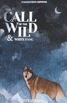 Boek kaft met de titel "The Call of the Wild & White Fang" door Jack London. Een wolf staat op een ijzige achtergrond onder een maan.