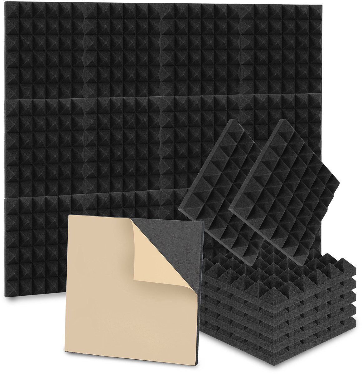 Zelfklevend akoestisch schuim zwart 24 stuks - driehoek 30x30x2,5 cm - voor studio en gamingkamer