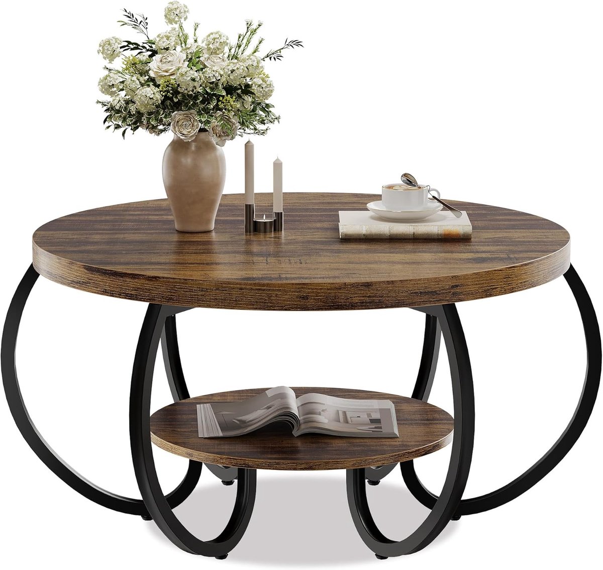 Ronde Salontafel met Opbergplank - 2-Laags Rustieke Koffietafel met Metalen Poten - Industrieel Design voor Woonkamer en Kantoor - Ø 77 x 45 cm
