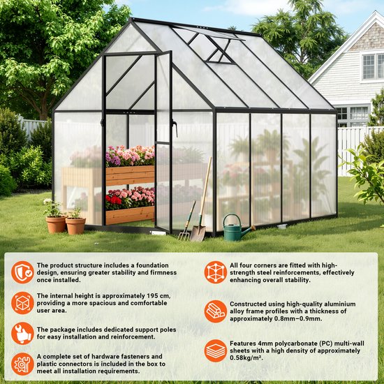 Glazen kas met zwart aluminium frame, 195 cm hoog, met houten plantenbakken.