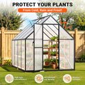 Glazen kas met zwart frame, met plantenbakken binnenin, in een tuin.