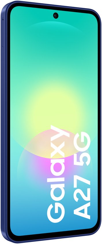 Donkerblauwe Samsung Galaxy A27 5G telefoon, voorkant met gestileerd 'Galaxy A27 5G' logo.