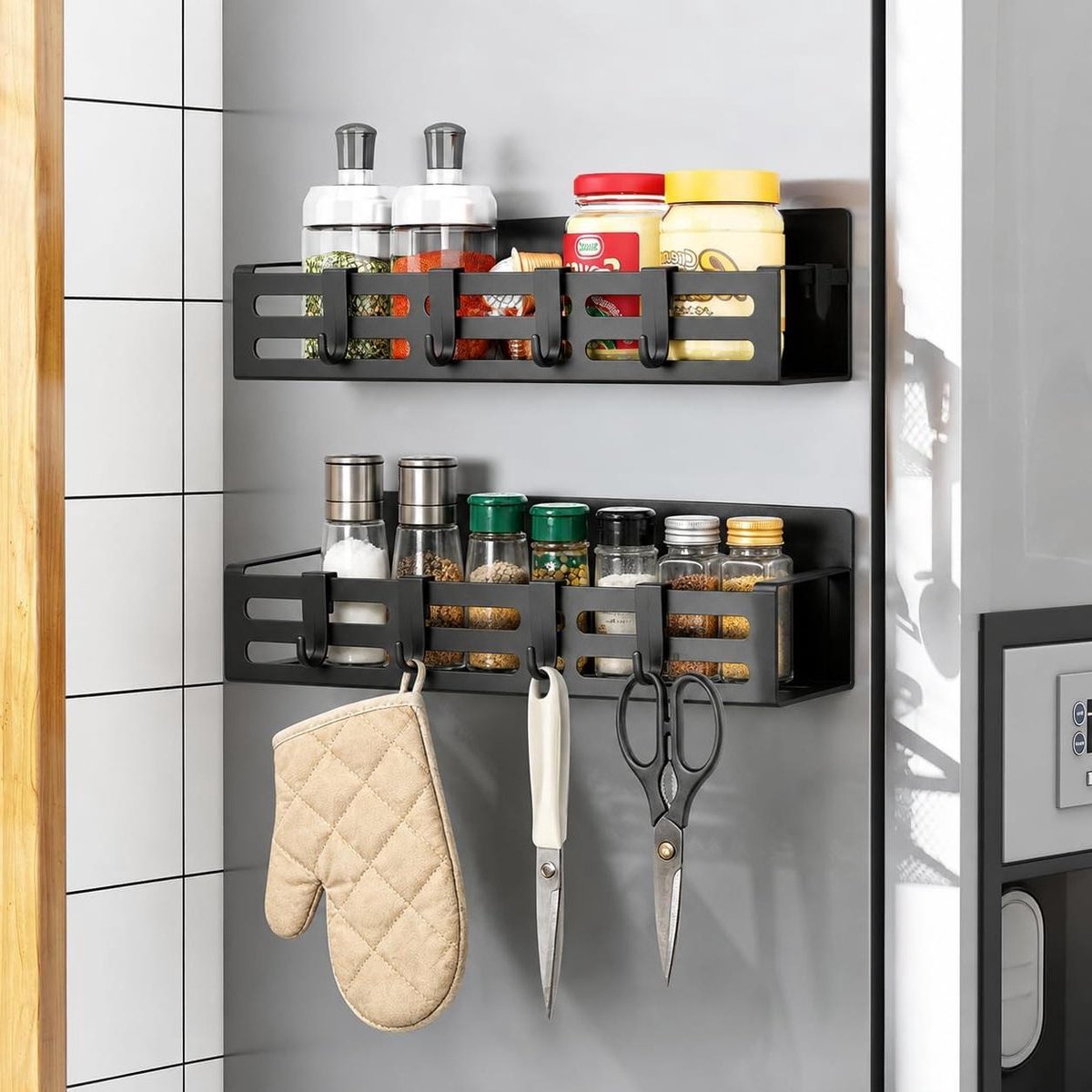 Magnetische Organizer - Koelkastrek Keukenrek - Keuken Organiseren - Met 8 Haken - Dubbele Maten - Zwart