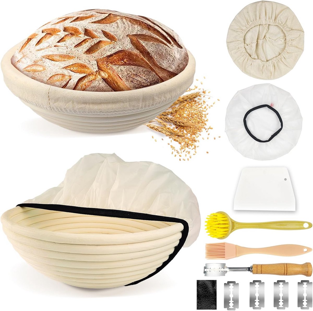 Brood Bakset - Bakgerei Set - Brood Bakken - Natuurlijk Rattan - 23cm Rond - Natuurlijk
