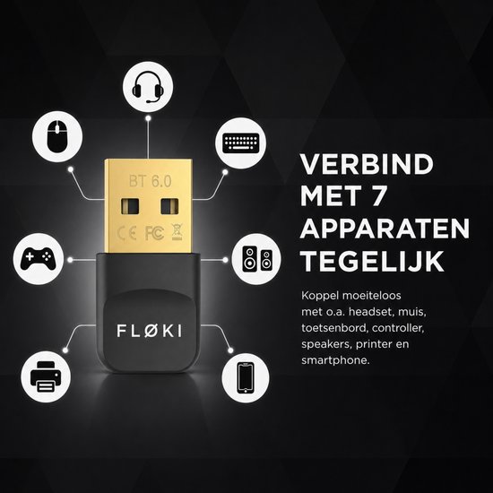 Gouden FLØKI Bluetooth 6.0 adapter in het midden, verbonden met pictogrammen van een headset, toetsenbord, speakers, smartphone, gamecontroller en muis. Tekst: "VERBIND MET 7 APPARATEN TEGELIJK".
