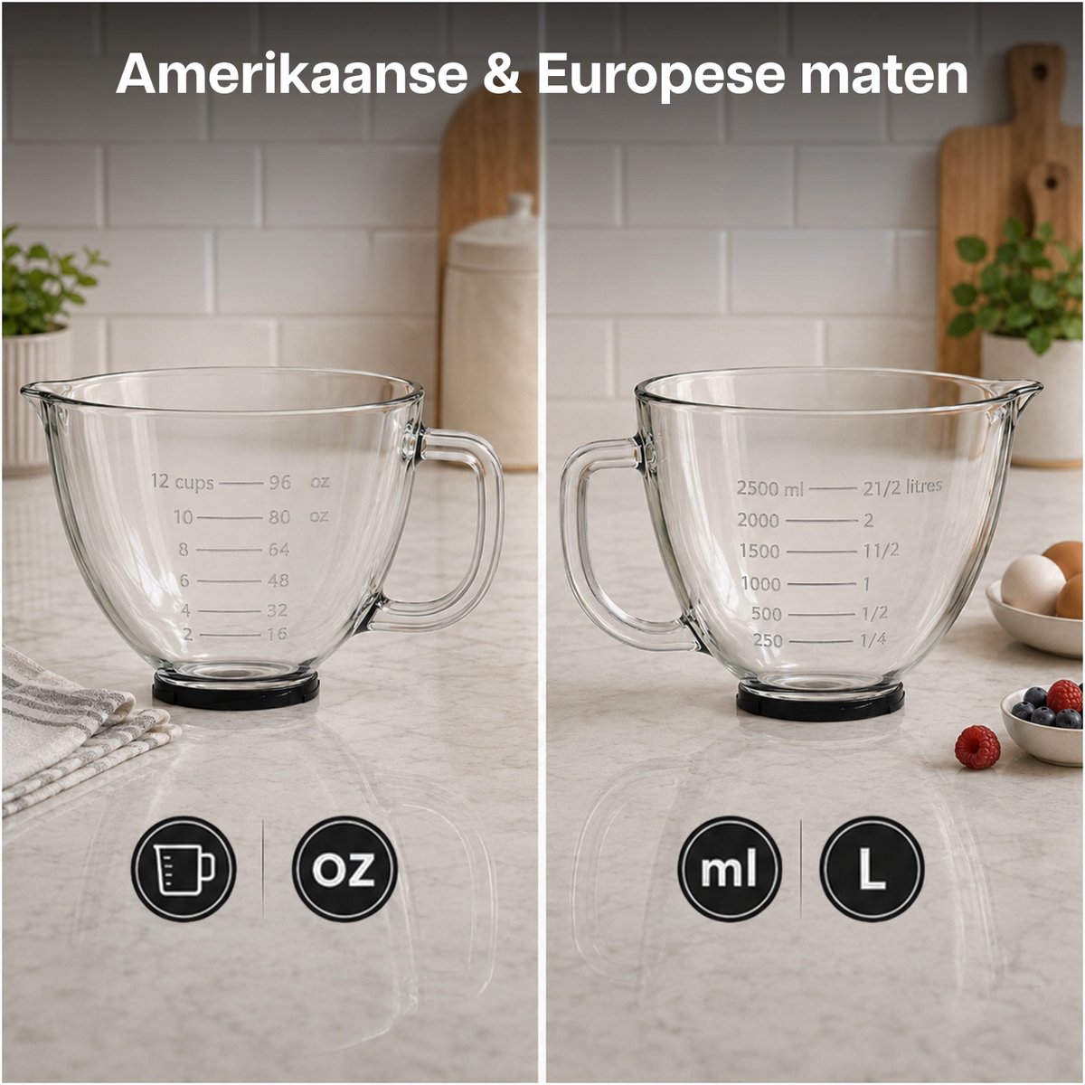 Glazen Mengkom voor KitchenAid 4.3, 4.7/4.8L Tilt-Head Stand Mixer Artisan & Classic Serie van MMOBIEL – 4.8L Glazen Kom met Handvat, Schenktuit & Maataanduiding – Enkel Handwas thumbnail 3