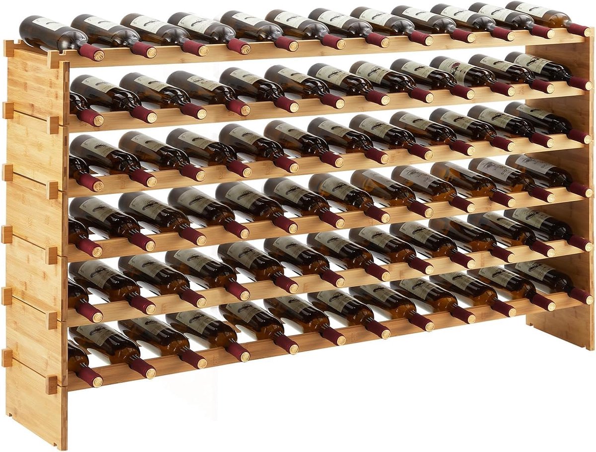 Stapelbaar wijnrek voor 72 flessen, 6 lagen massief houten opbergrek, vrijstaand op de vloer en het aanrecht, perfect voor keuken, bar en kast, anti-wiebelontwerp.