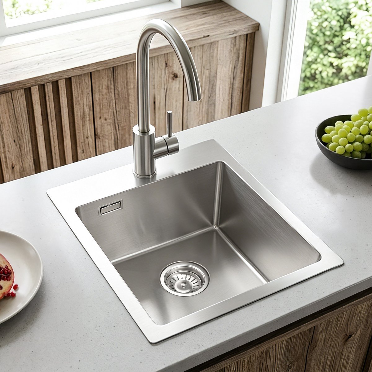 Oraymin RVS Spoelbak 40x34 cm - Geborsteld Chroom - Kleine Enkele Keukenspoelbak met Afvoerset