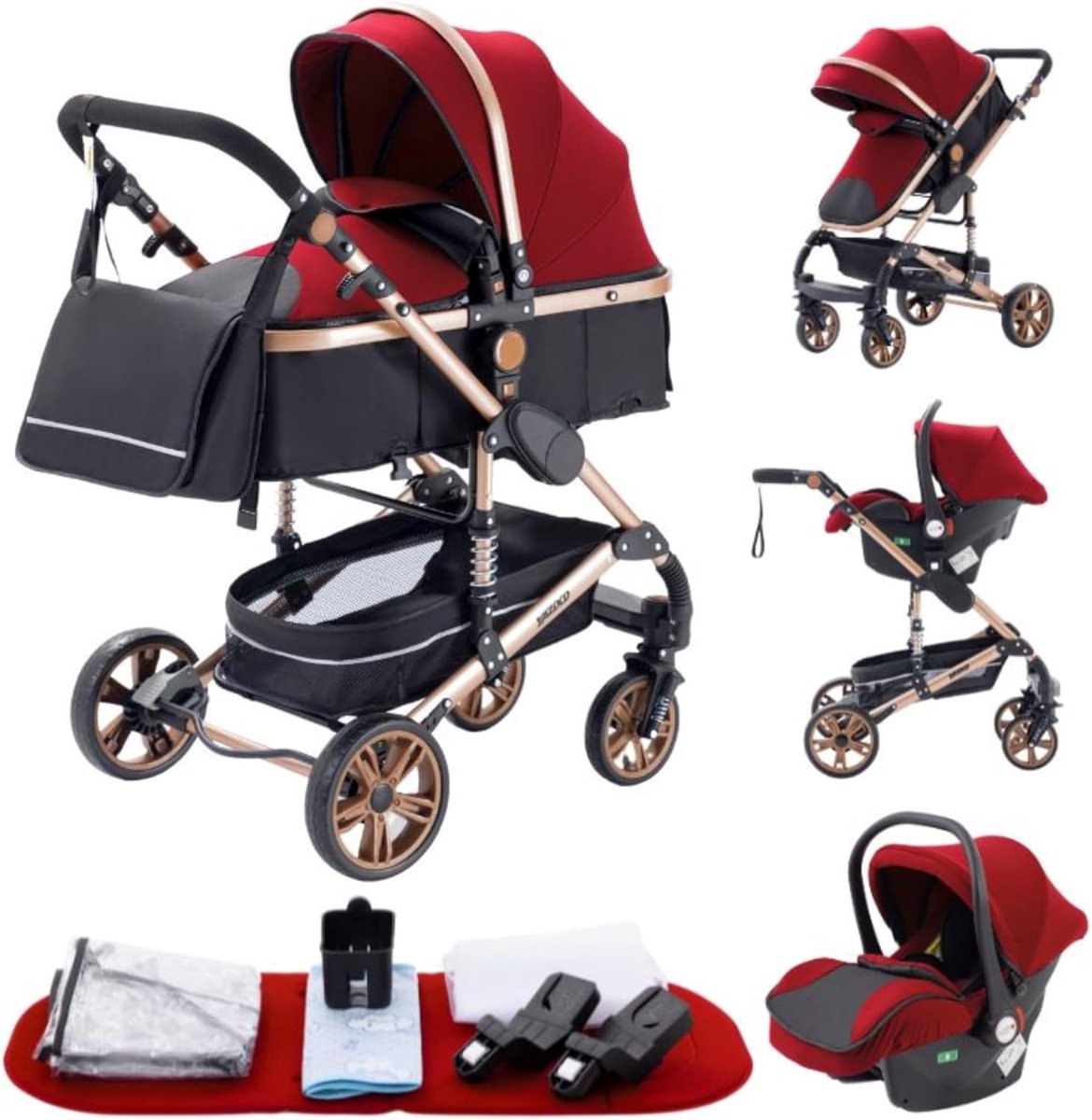 Kinderwagen trio - Wandelwagen reiswieg - Veilig transport - 3-in-1 systeem - Tot 25 kg - Rood