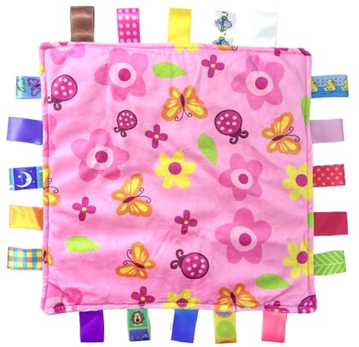 Babylabel deken - Sensorisch speelgoed - Baby ontwikkeling stimuleren - Zachte knisperlabels - 25x25 cm - Bloem