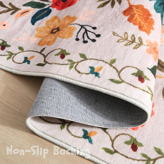 Gedetailleerde blik op de rand van het kleed met een gestileerd groen bloemenpatroon en de lichtgrijze, antislip onderkant.