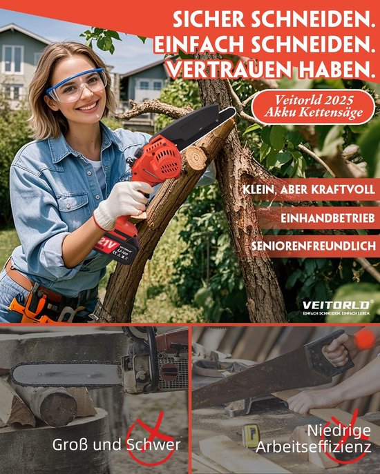 Accu Kettingzaag - Kleine Snoeizaag - Tuinonderhoud Snoeien - Automatisch Oliesysteem - 6 Inch - Rood — afbeelding 4