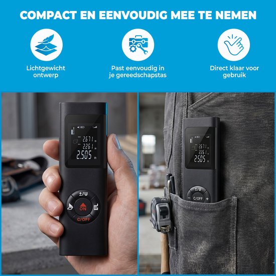 Een hand houdt de zwarte laser afstandsmeter vast. Een andere afbeelding toont de meter in een gereedschapsriem.