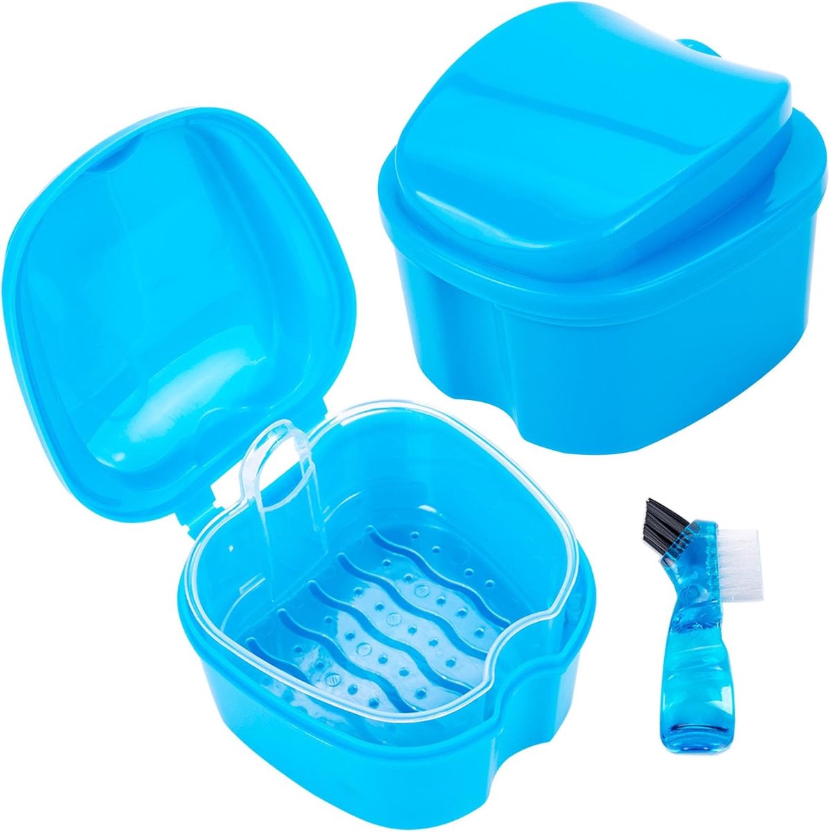 Prothesedoos met borstel - Opbergdoos beugel - Hygiënisch bewaren - Met handige afdruipbak - 2 stuks - Blauw
