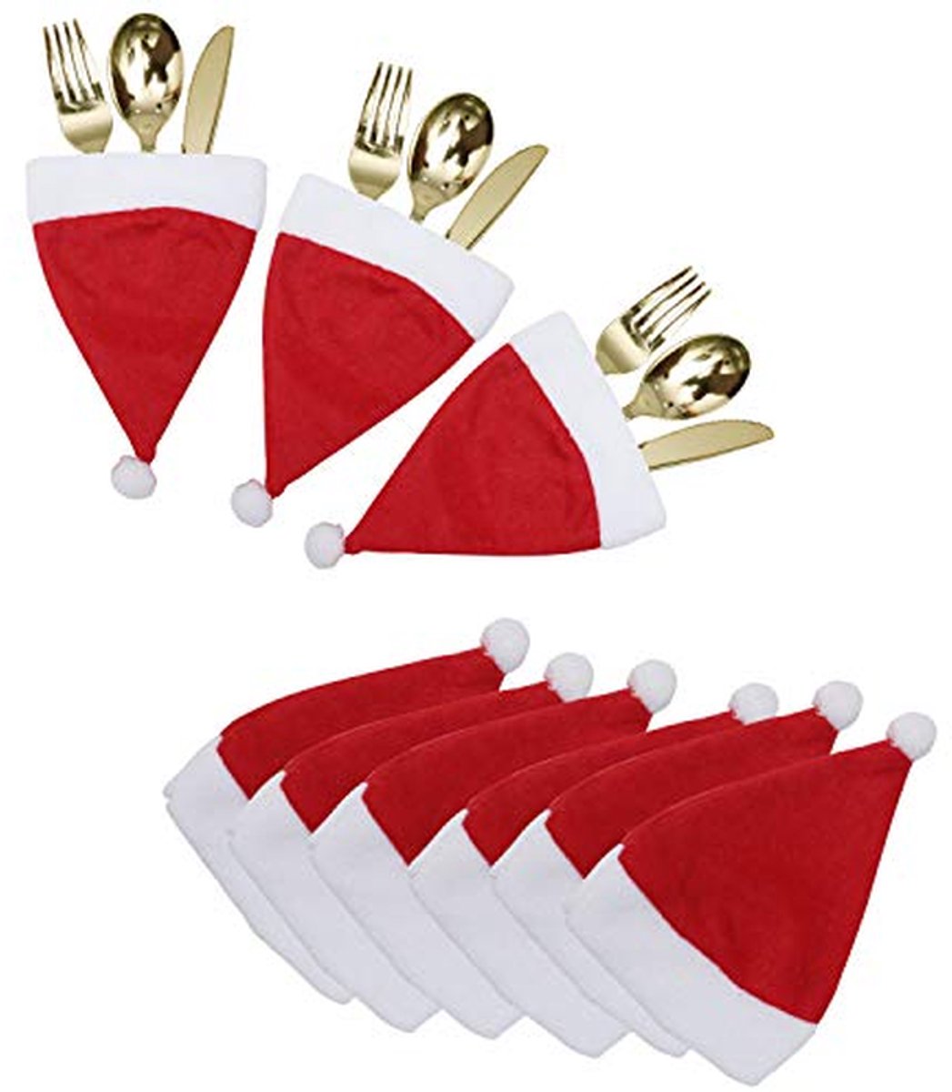 Kerst Bestekzakjes - Mini Santa Hoedjes - Tafeldecoratie Diner - Set van 20 stuks - 11.5 x 14.5 cm