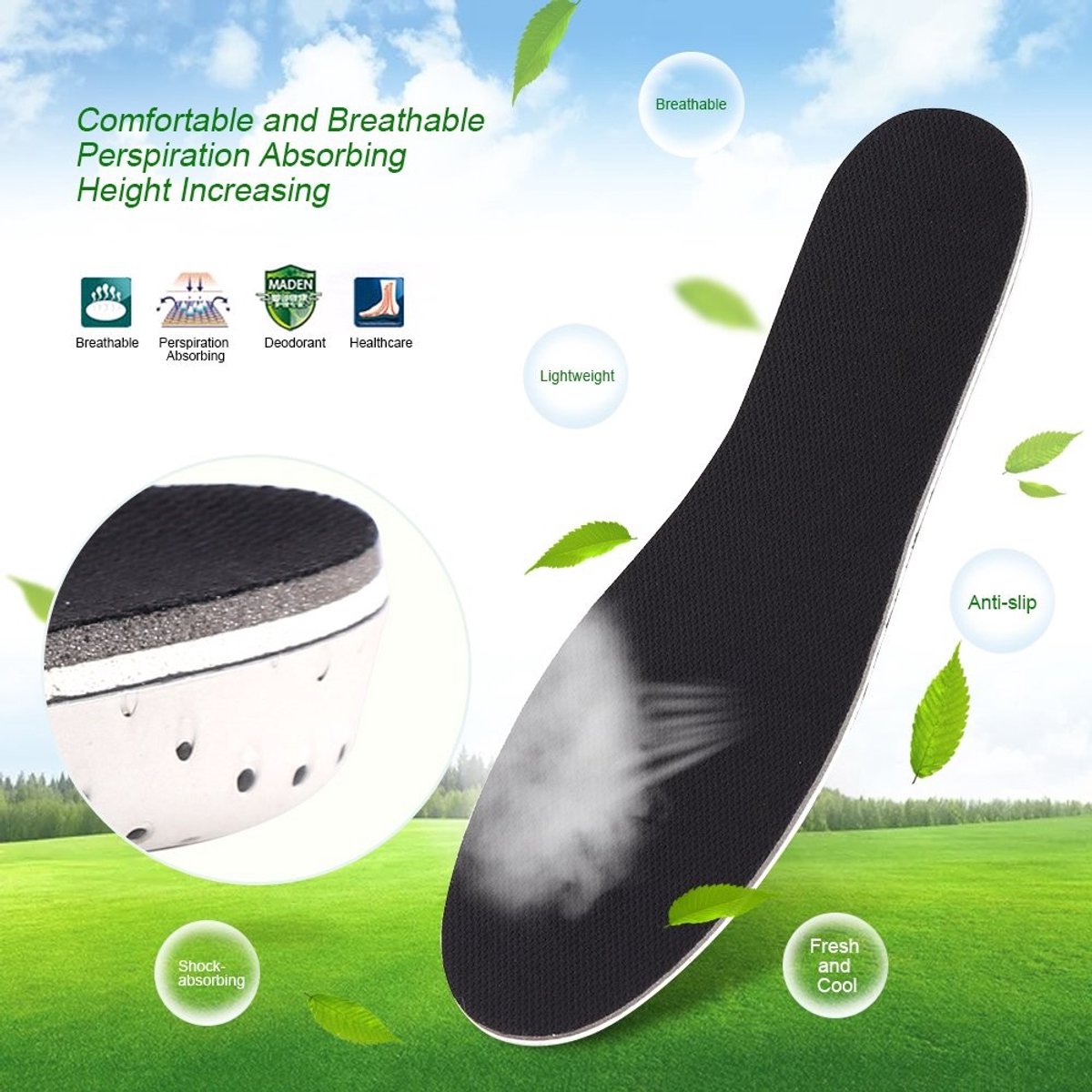 Dailygoods- Inlegzolen Ademend - Schokabsorberend - Verhoging 2 cm - Voetverzorgingskussen - PU Zacht Traagschuim - Comfortabel en Onzichtbaar - Verhogingszolen