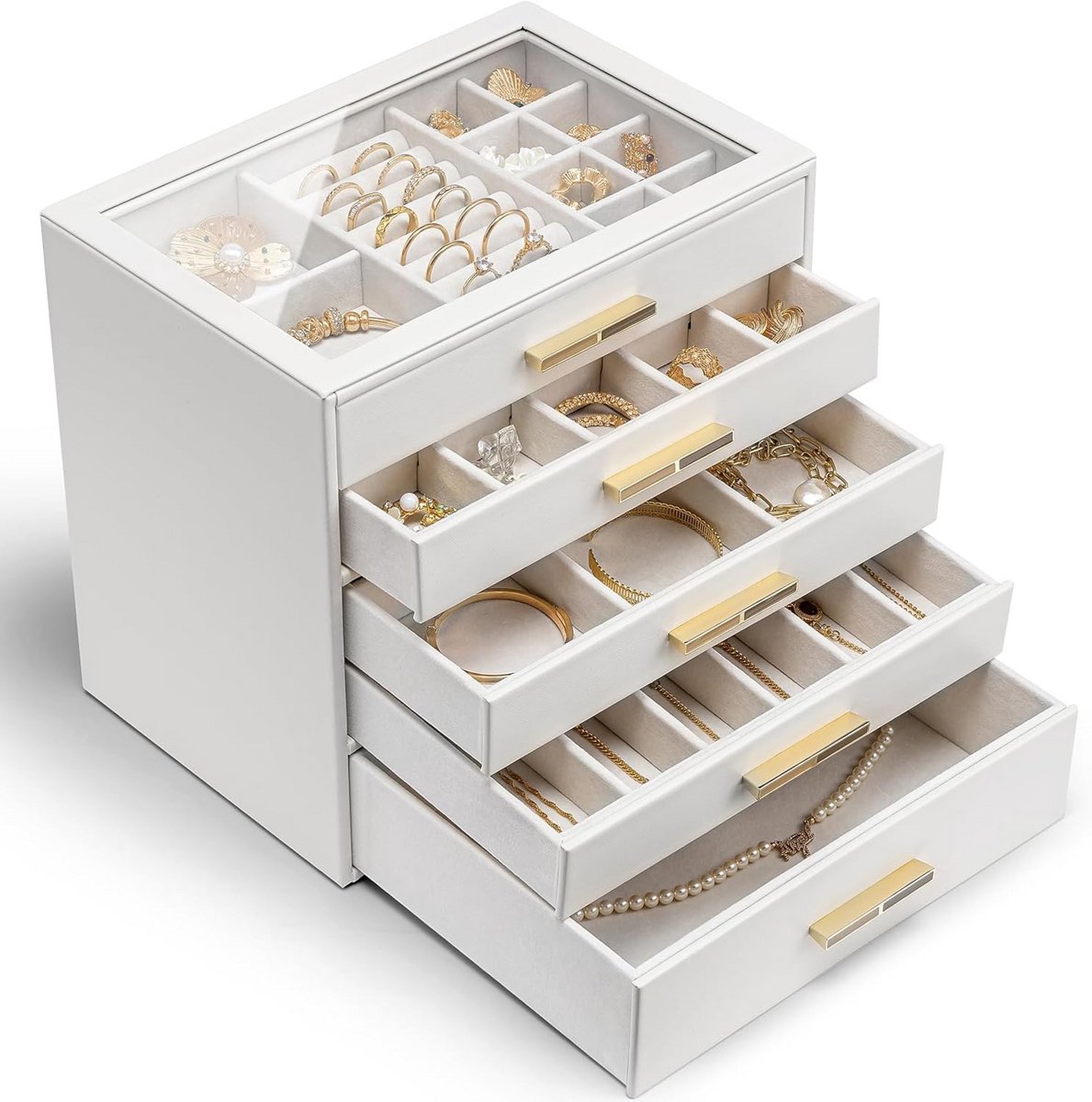 Juwelendoos - Opberger - Sieraden organiseren - Vijf lades - Groot formaat - Wit