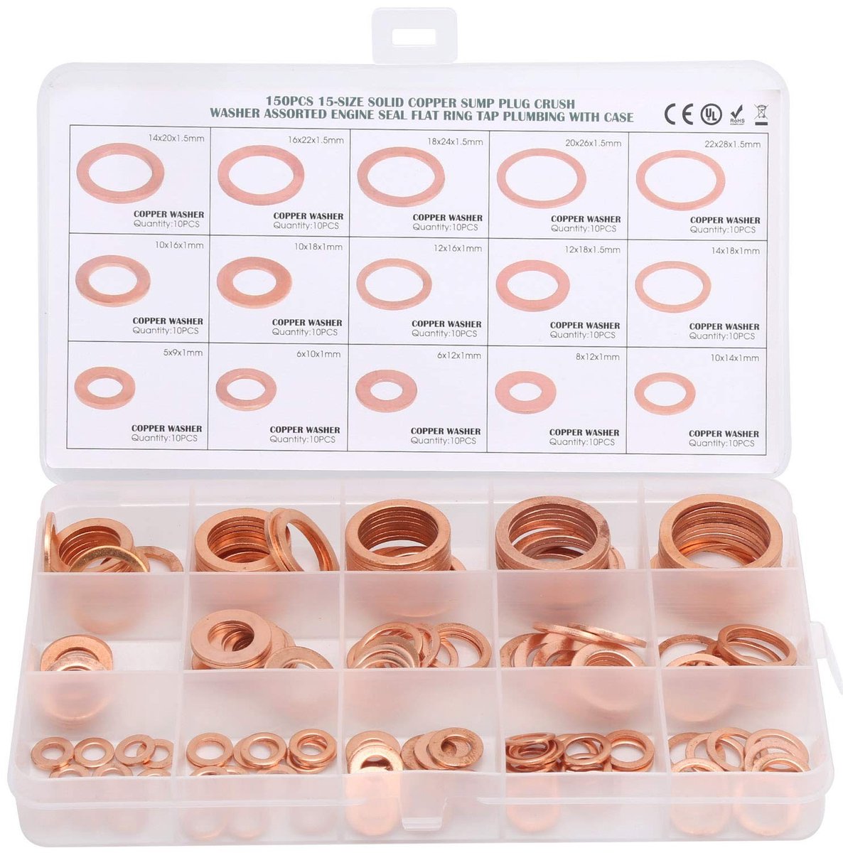 Dailygoods- Koperen Ringen 150-delige set - Platte Ringen - Maten M5 tot M22 - Rode Koper - Voor Olieaftapplugpakking - Diverse Afmetingen - Pakking