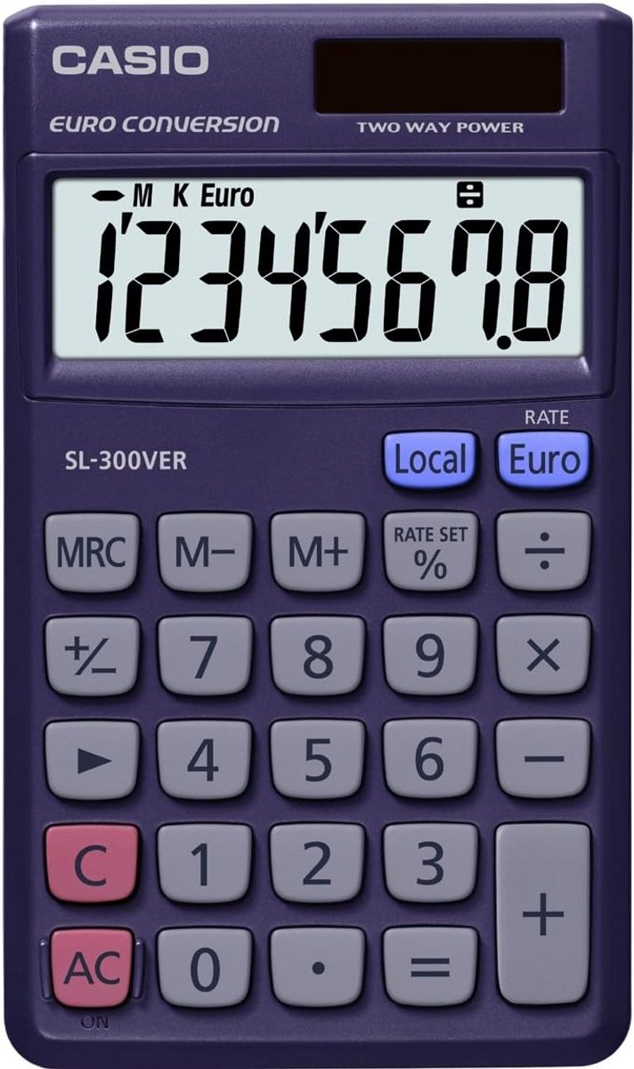 Bureaurekenmachine - Zakrekenmachine - Euro Conversie - Dubbele Stroomvoorziening - 8 Cijfers - Blauw