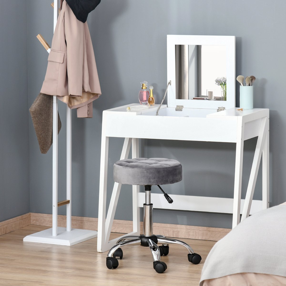 OKWISH Salonkruk Met Wielen - In Hoogte Verstelbaar En Draaibaar - Voor Salon En Balie - Polyester - Lichtgrijs