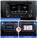 ESSGOO autoradio met touchscreen voor VW Golf, Passat, Polo. Toont voor en na installatie van het apparaat.