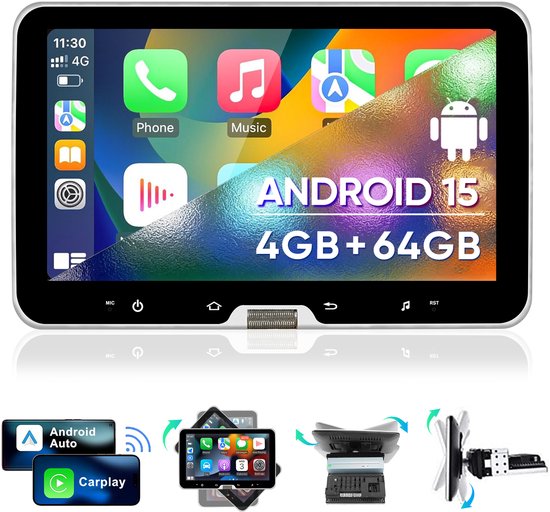 Een 10.1-inch autoradio met Android 15, 4GB+64GB. Er worden ook afbeeldingen getoond van Android Auto, CarPlay en de rotatiemogelijkheden van het scherm.