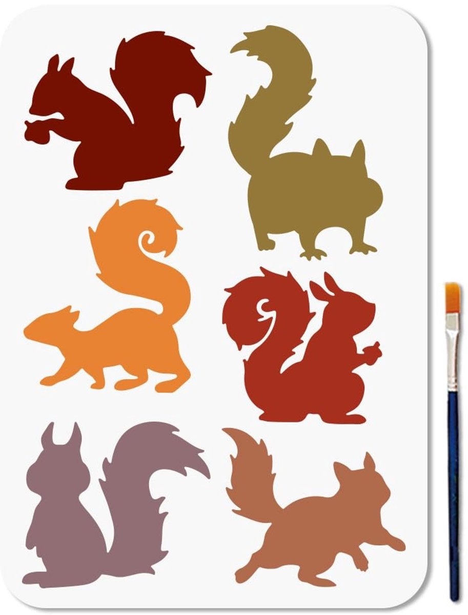 Dailygoods- Eekhoorntsjabloon A4 - Herbruikbaar - Diermotief - Kunststof - 6 Eekhoornpatronen - Lichtgewicht en duurzaam - Schildersjabloon