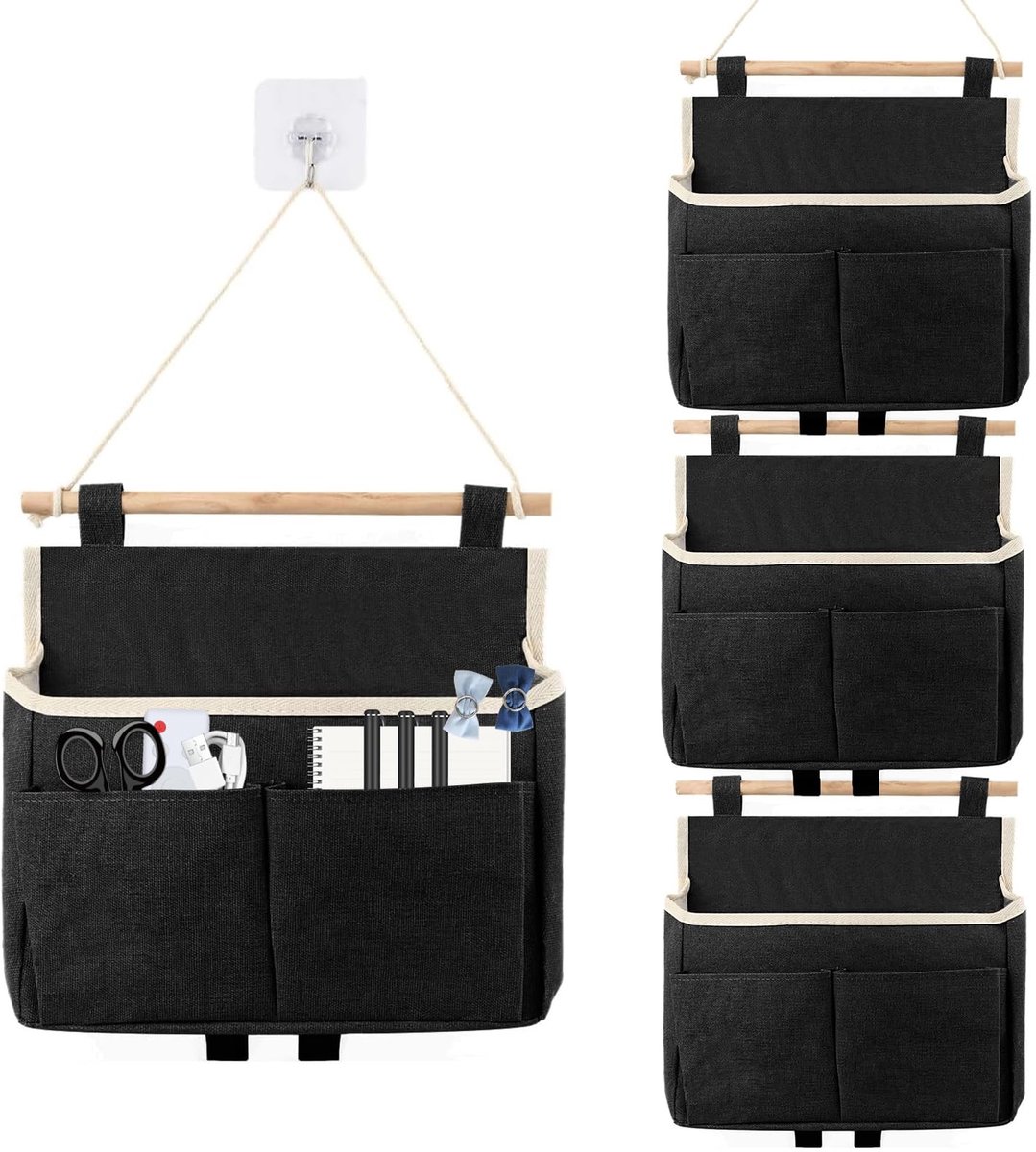Dailygoods- Opbergtassen Hangend - 4 Stuks - Wandorganizer - Duurzaam Polykatoen - Met Haken - Voor Deur/Muur