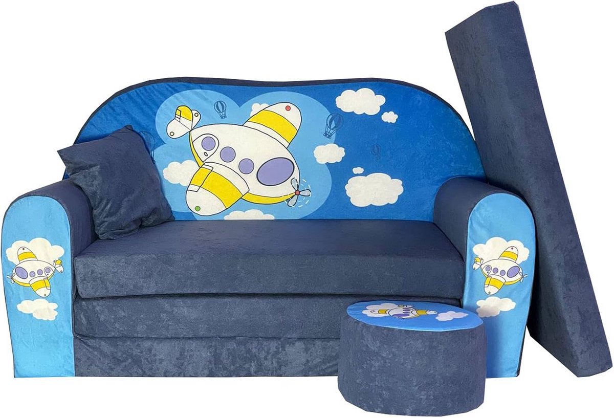 Kinderbank - Zetel Bed - Spelen en Slapen - Inklapbaar met Kussen - 100 cm Breed - Vliegtuig
