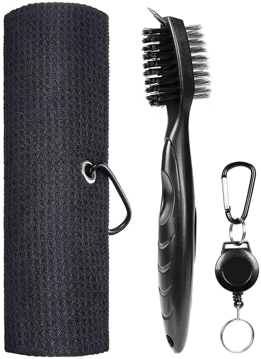 Dailygoods- Golfclubborstel Dubbelzijdig - Golfclub Reinigingsaccessoires - Groefreinigingspinnen - Microvezel Handdoek - Inclusief Carabiner - Lichtgewicht en Comfortabel - Golfreiniger