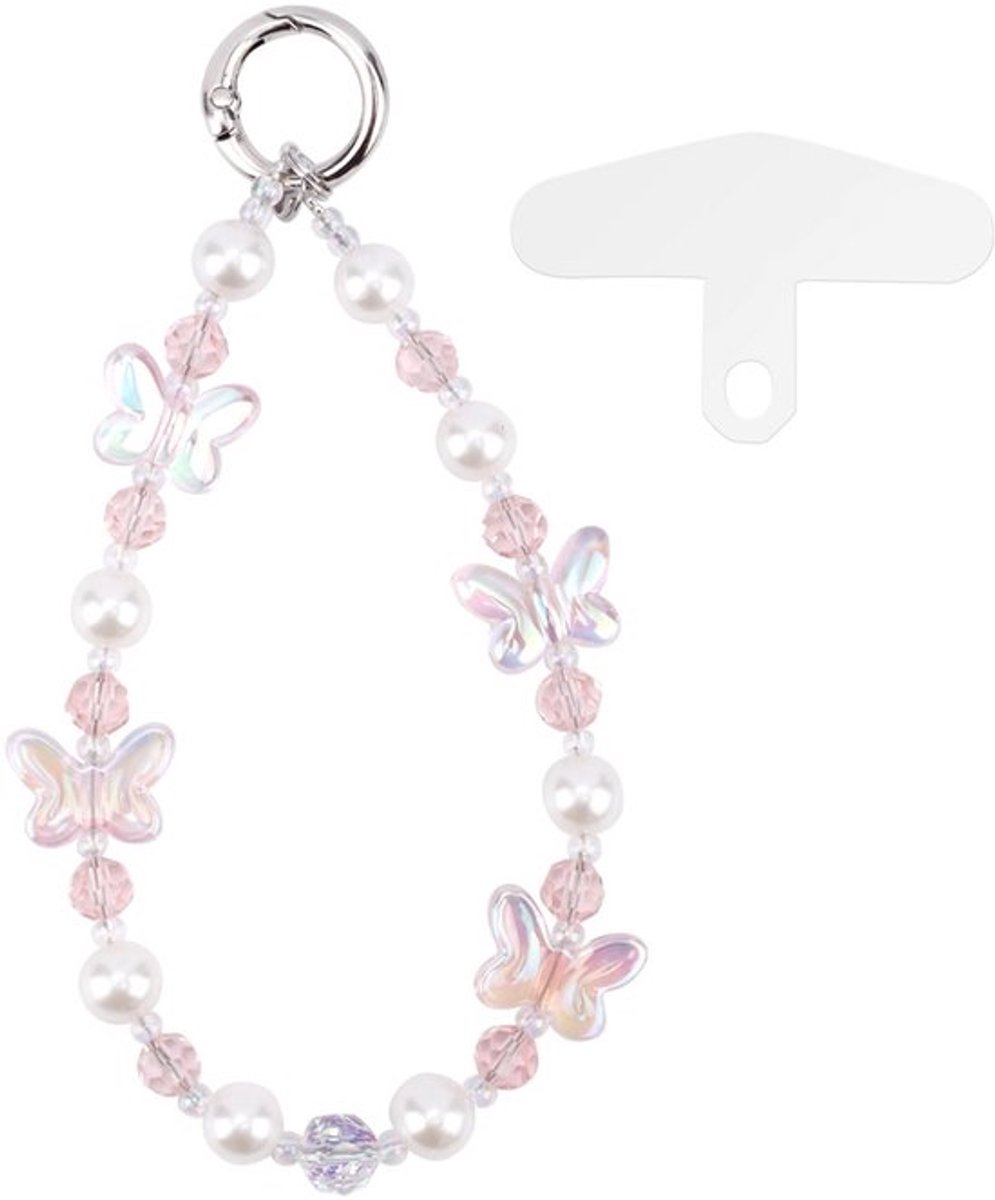 Telefoonkoord met kralen, universele polsband met parels en vlindermotief, telefoonhanger met strik, mobiele polsband, polsbanddecoratie voor iPhone, Samsung en dames.