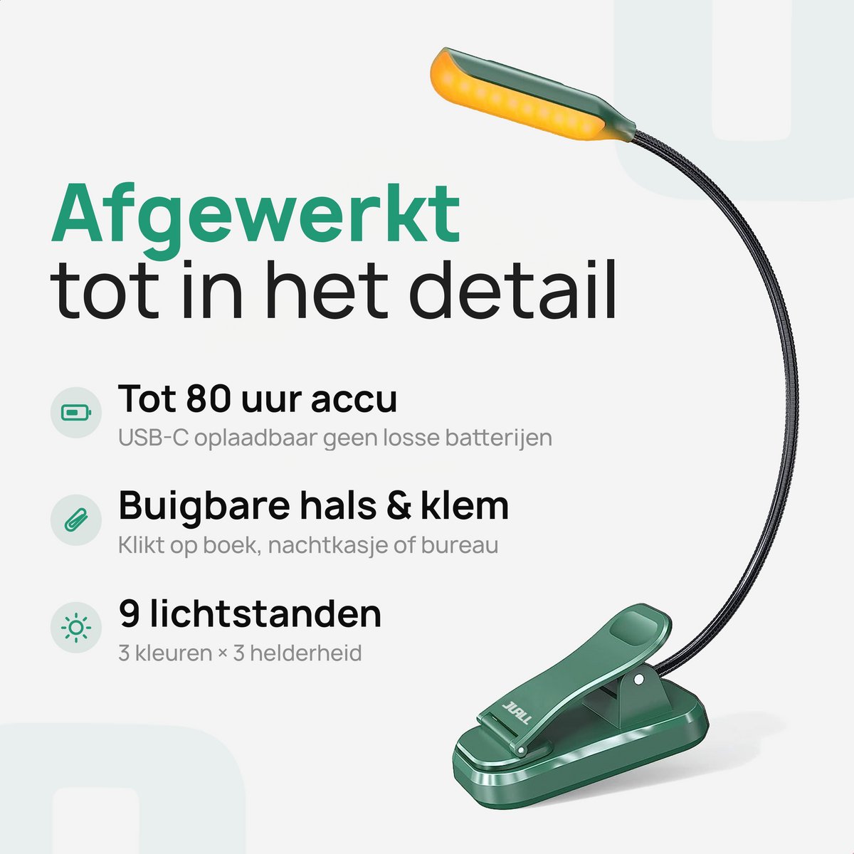 JUALL LED Leeslampje voor Boek - 9 Lichtstanden - Oplaadbaar Leeslampje voor in Bed - Boeklampje - Leeslampje met Klem - Bedlampje - Groen — cadeau in Gadgets - foto 2