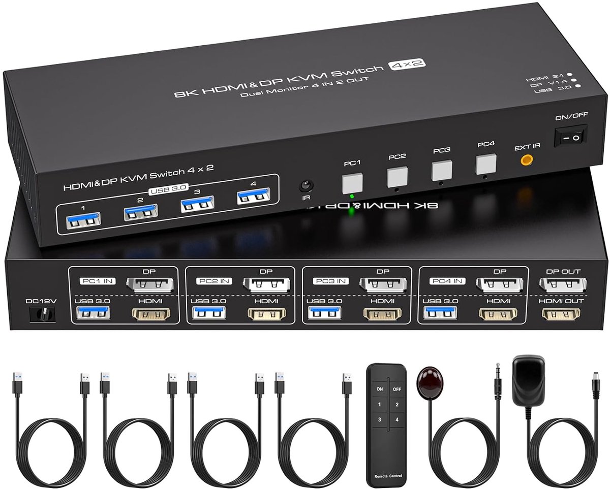 4K144Hz 8K60Hz 4 PC 2 Monitor KVM Switch met HDMI 2.1 en DP 1.4 - Bedien 4 Computers via 2 Beeldschermen met USB 3.0 Hub en KVM-functionaliteit