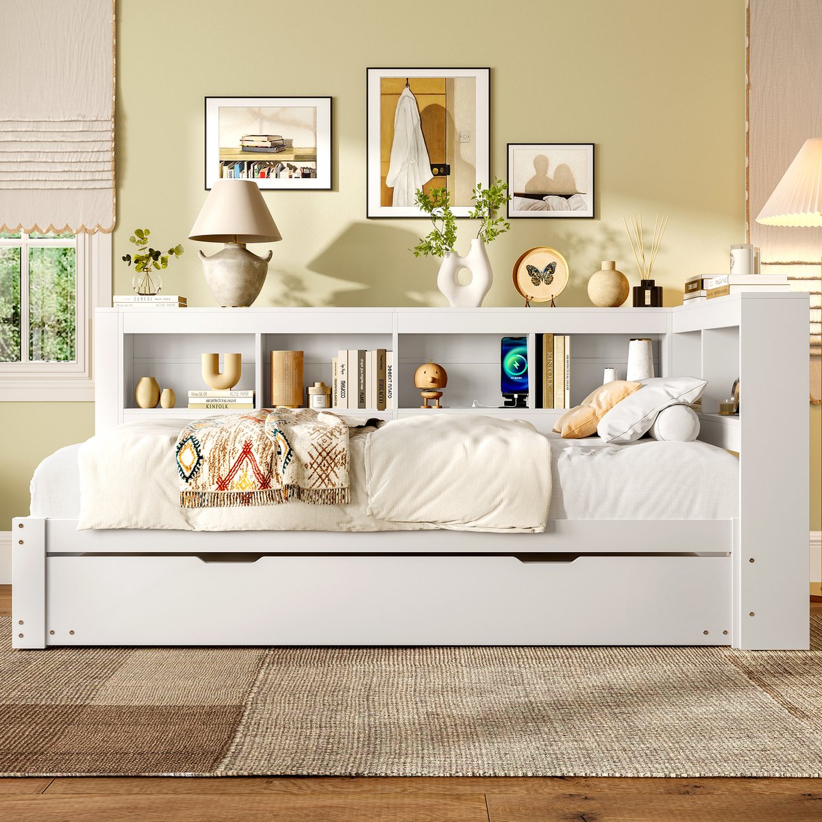 DESMIU Daybed 90x200 cm – Uitschuifbaar Slaapbed Met Stopcontact En 2 USB-Poorten – Zijvakken – Voor Woonkamer En Logeerkamer – Hout – Wit – Zonder Matras