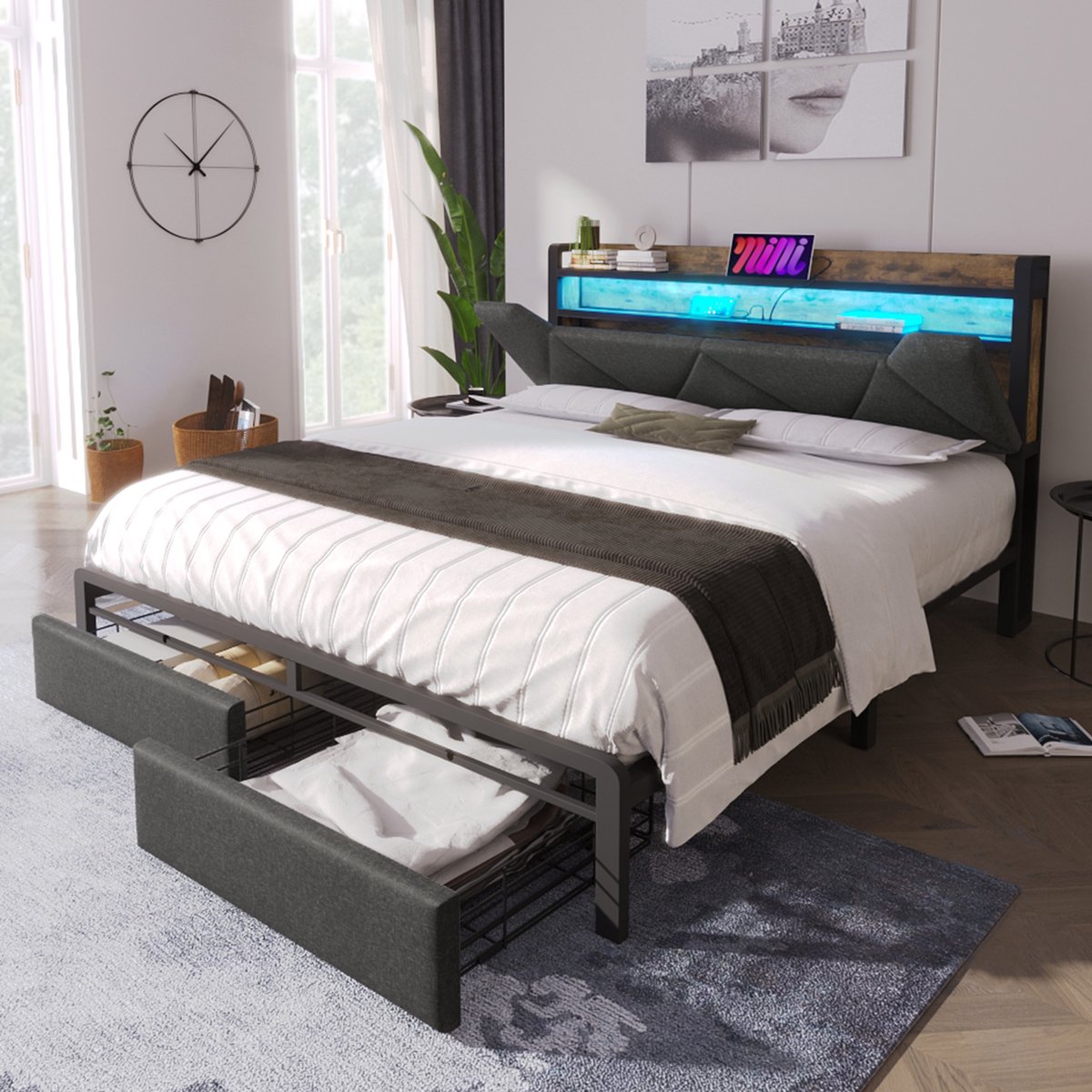 DESMIU Gestoffeerd Bed 160x200cm Met Matras Zonder Matras – Bedframe Met Verlichte Hoofdbordopslag En Oplaadpunten – Met Lades Voor Slaapkamer – Linnenstijl – Grijs