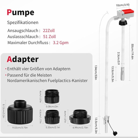 Elektrische Brandstofpomp 12V & USB-C – Automatische Overhevelpomp met Auto Stop – 12L/min Draagbare Benzine-, Diesel- & Kerosinepomp – Inclusief Slang en 4 Adapters voor Auto, Boot & Caravan — afbeelding 3