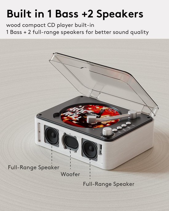 CD-speler met Bluetooth-zender, nostalgische retro houten muziekspeler, ingebouwde luidsprekers met basversterking, FM-radio voor thuisgebruik (bedraad en met afstandsbediening) - wit — afbeelding 3
