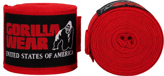 Rode Gorilla Wear bokbandages, één omwikkeld met logo, de ander opgerold.