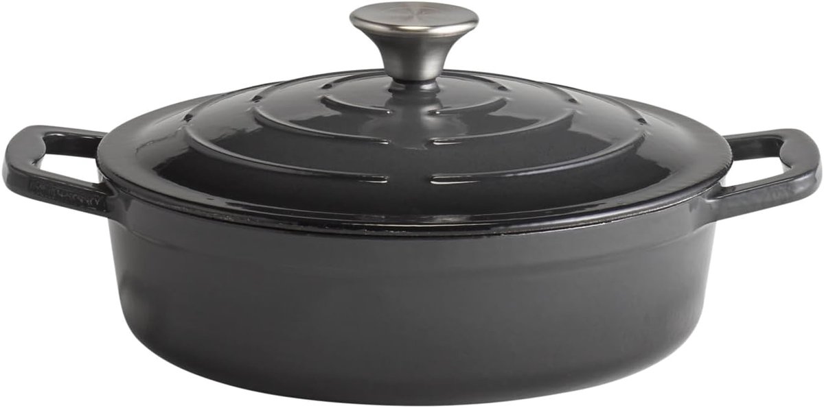 Gietijzeren Braadpan - Ovenschaal met deksel - Langzaam Garen - Gelijkmatige Warmteverdeling - 25 cm 2.5 Liter - Antraciet