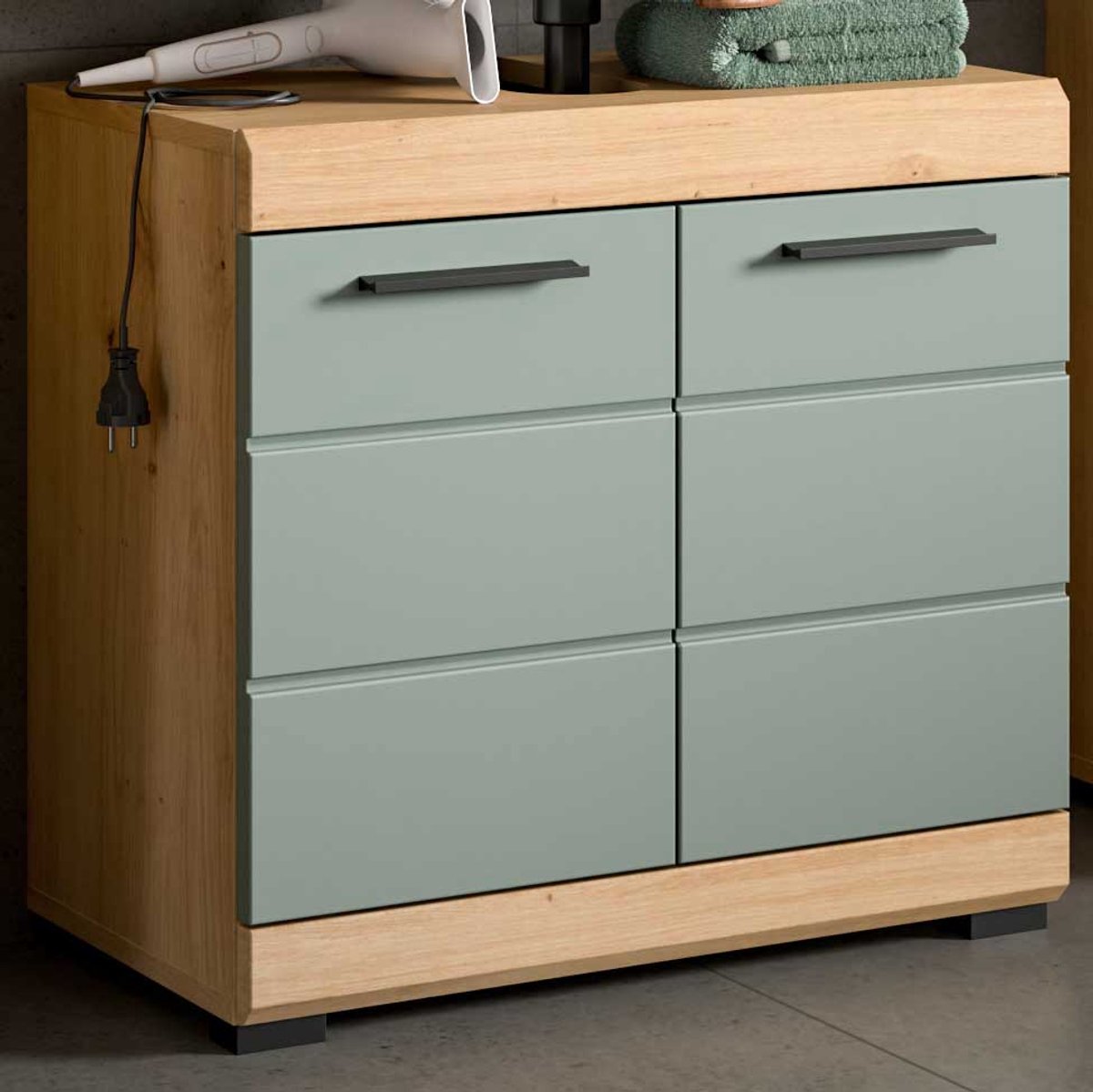 Badmeubel Scout Xonox - Sage En Artisan Eik - 60x56x34 Cm - Xonox - Badkamer Enkele Wastafelonderkast - Bruin; Groen - Spaanplaat