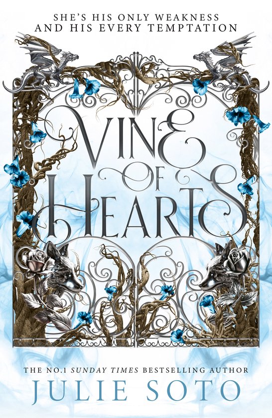 Boekomslag met de titel 'Vine of Hearts'. Een sierlijke metalen poort met blauwe bloemen en takken. Twee zilveren wolfachtige wezens aan weerszijden van de poort.