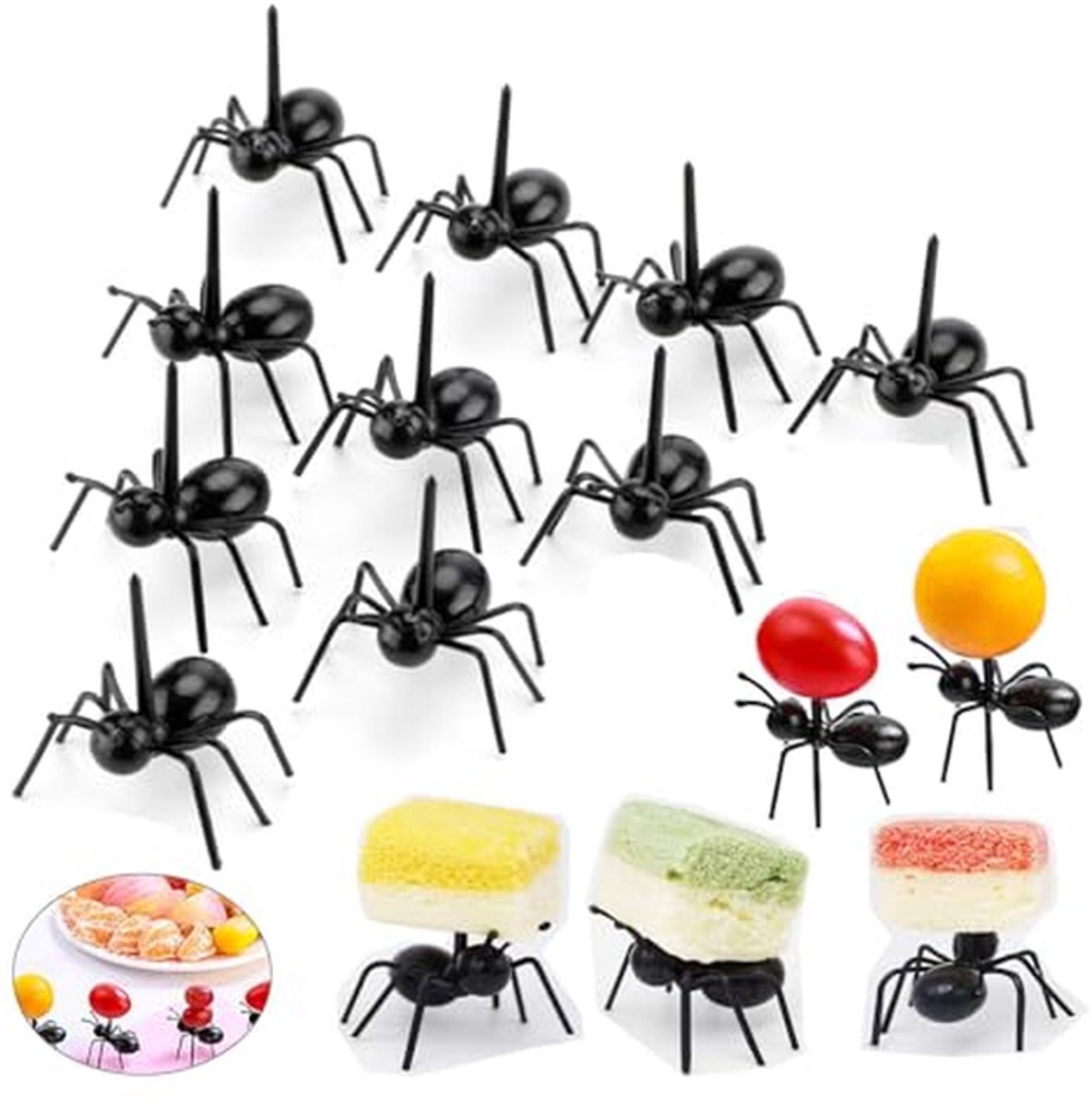 Fruitvorkjes Mieren - Decoratieprikkers - Feestelijke Snacks - Herbruikbaar Ontwerp - 24 Stuks - Zwart
