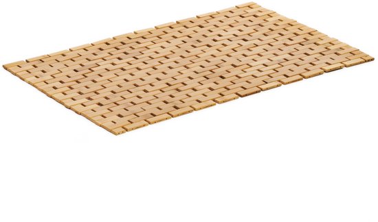Badkamermat van lichtbruin bamboe met een open, gevlochten structuur.