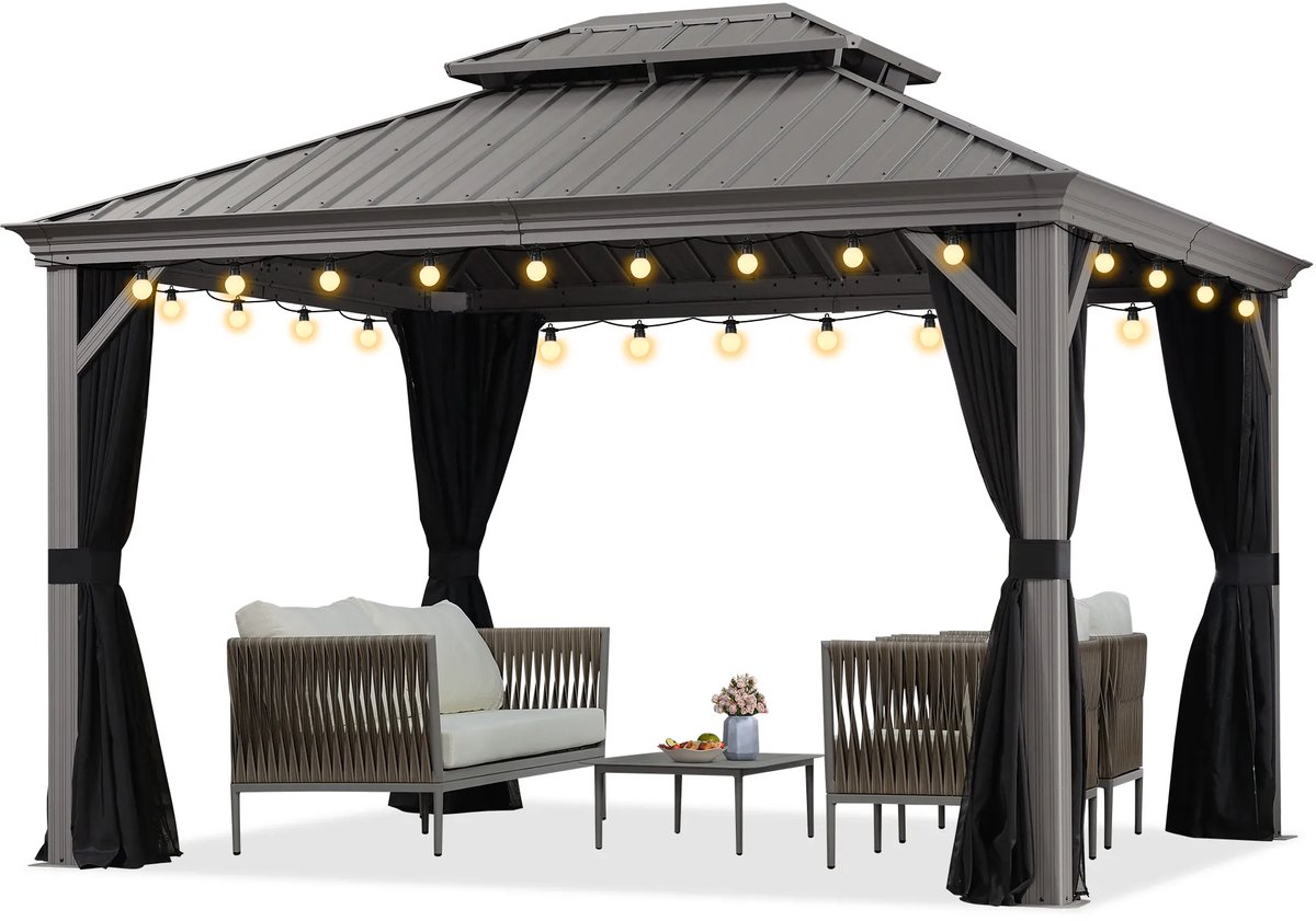 PURPLE LEAF Hardtop Aluminium Tuinpaviljoen – Dubbel dak – Hoogwaardige Gordijnen – Wind- en weerbestendig – Luxe Lichtgrijs – Met Sfeerverlichting