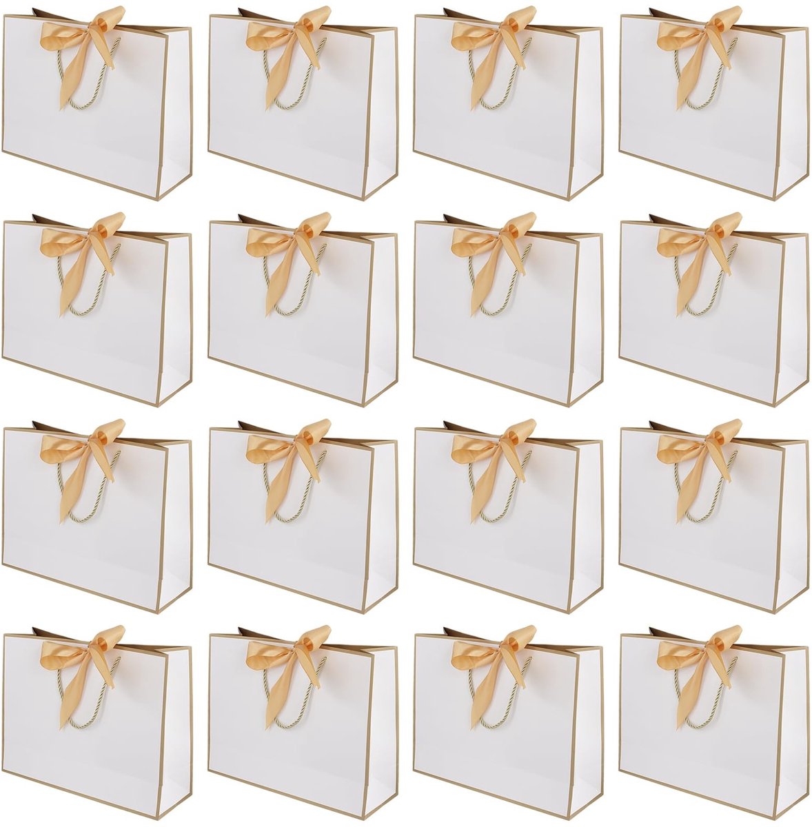 Dailygoods- Geschenkzakken 16 Pack - Luxe Cadeau Zakken 32x25x11cm - Witte Papieren Zak met Gouden Lint - Robuuste Constructie - Versterkte Handgrepen - Ideaal voor Verjaardag/Bruiloft/Feest - Cadeauzakken