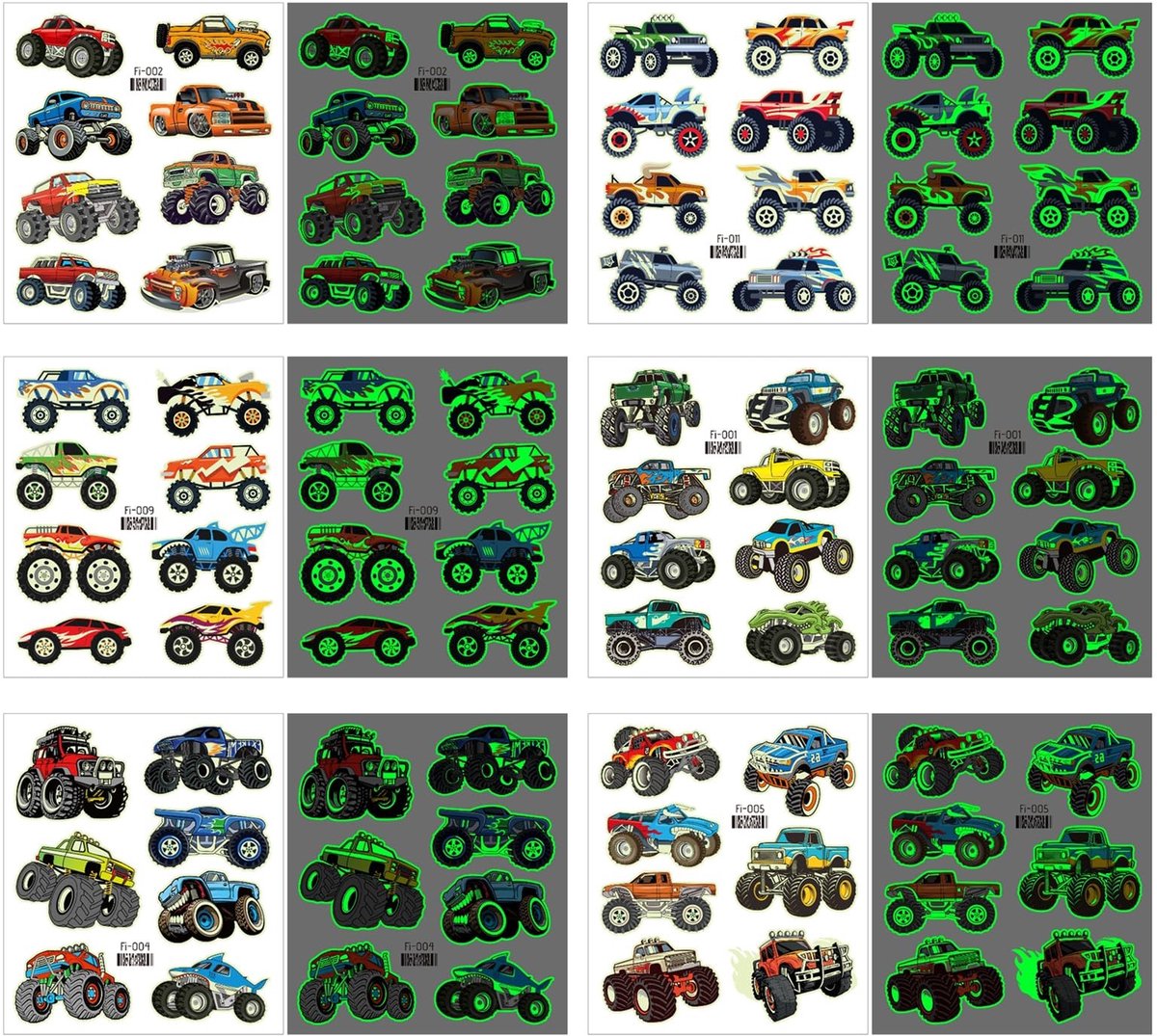 Dailygoods- Tatoeages Tijdelijk - 12 Stuks Glow in het Donker - Monster Truck/Vrachtwagens - Autotatoeages - Hoogwaardig Papier - 12 × 10,5 cm - Tatoeagestickers