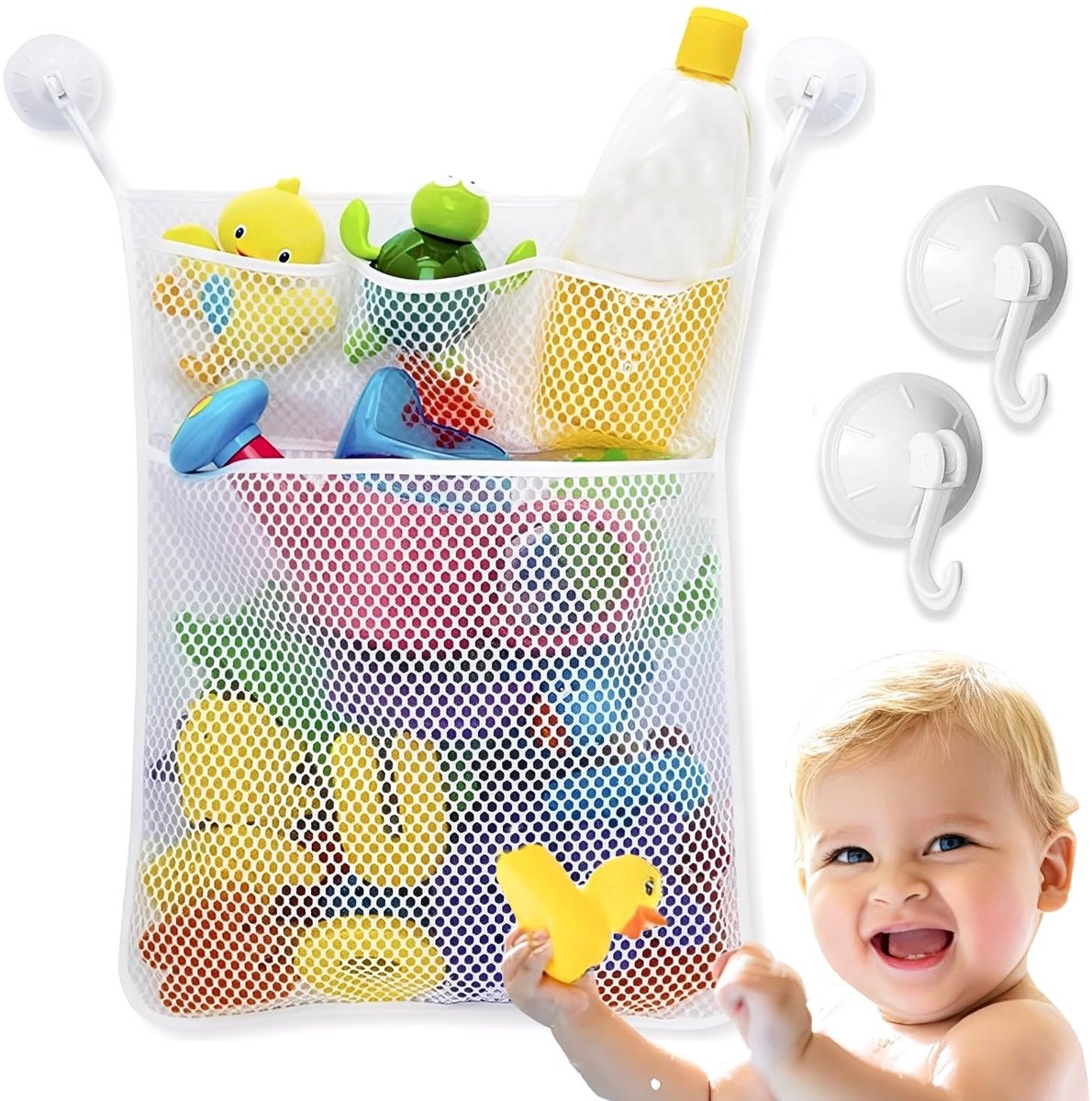 Dailygoods- Speelgoedopbergtas met 4 zuignappen - Hangende Opberger - Opbergnet Badspeelgoed - Organizer - Mesh Materiaal - Voor Badkamer