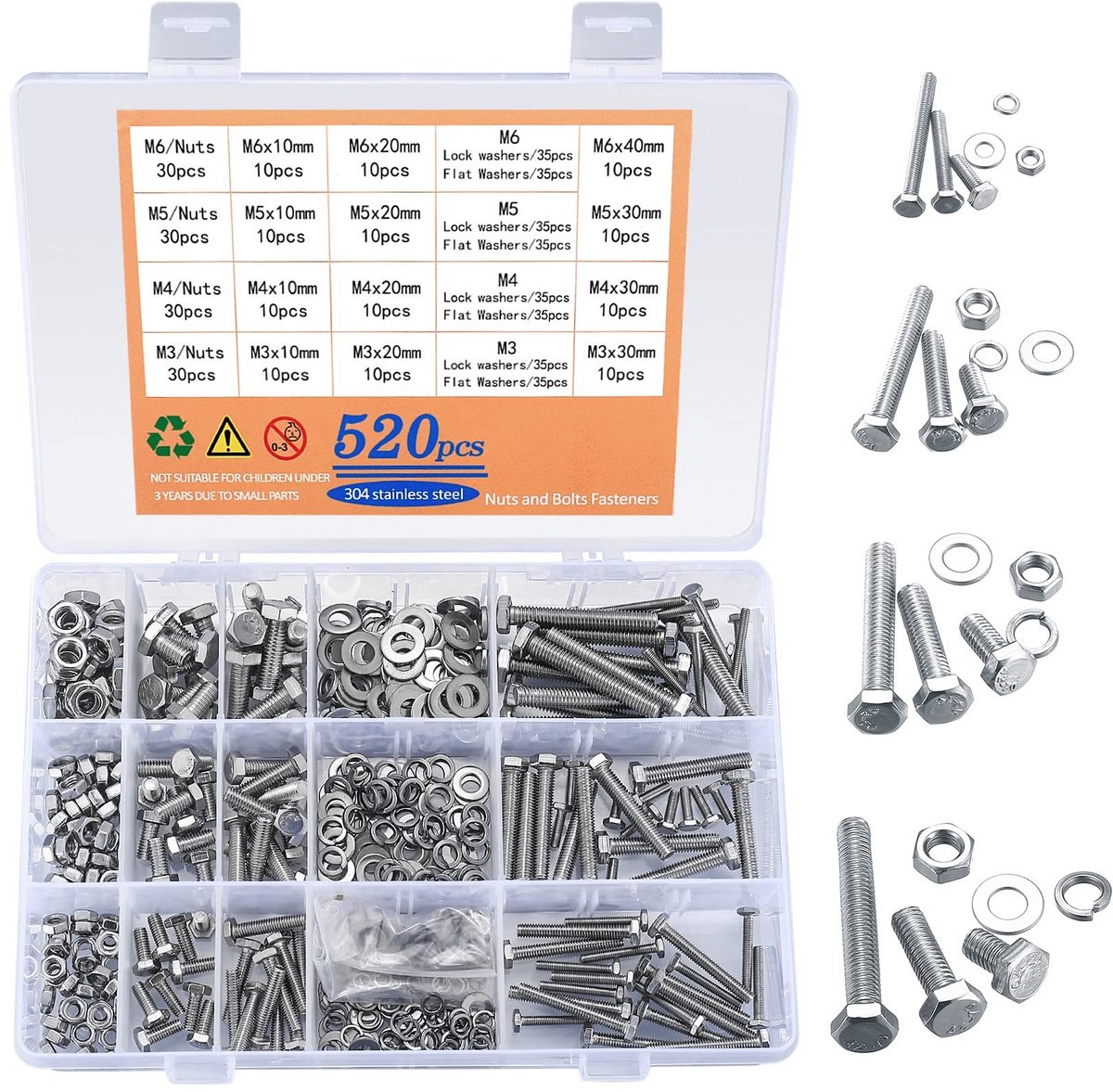 Dailygoods- Schroeven Set 520 Stuks - Zeskantbouten/Moeren/Ringen - Roestvrij Staal - M3/M4/M5/M6 - Bevestigingsmateriaal - Compleet pakket