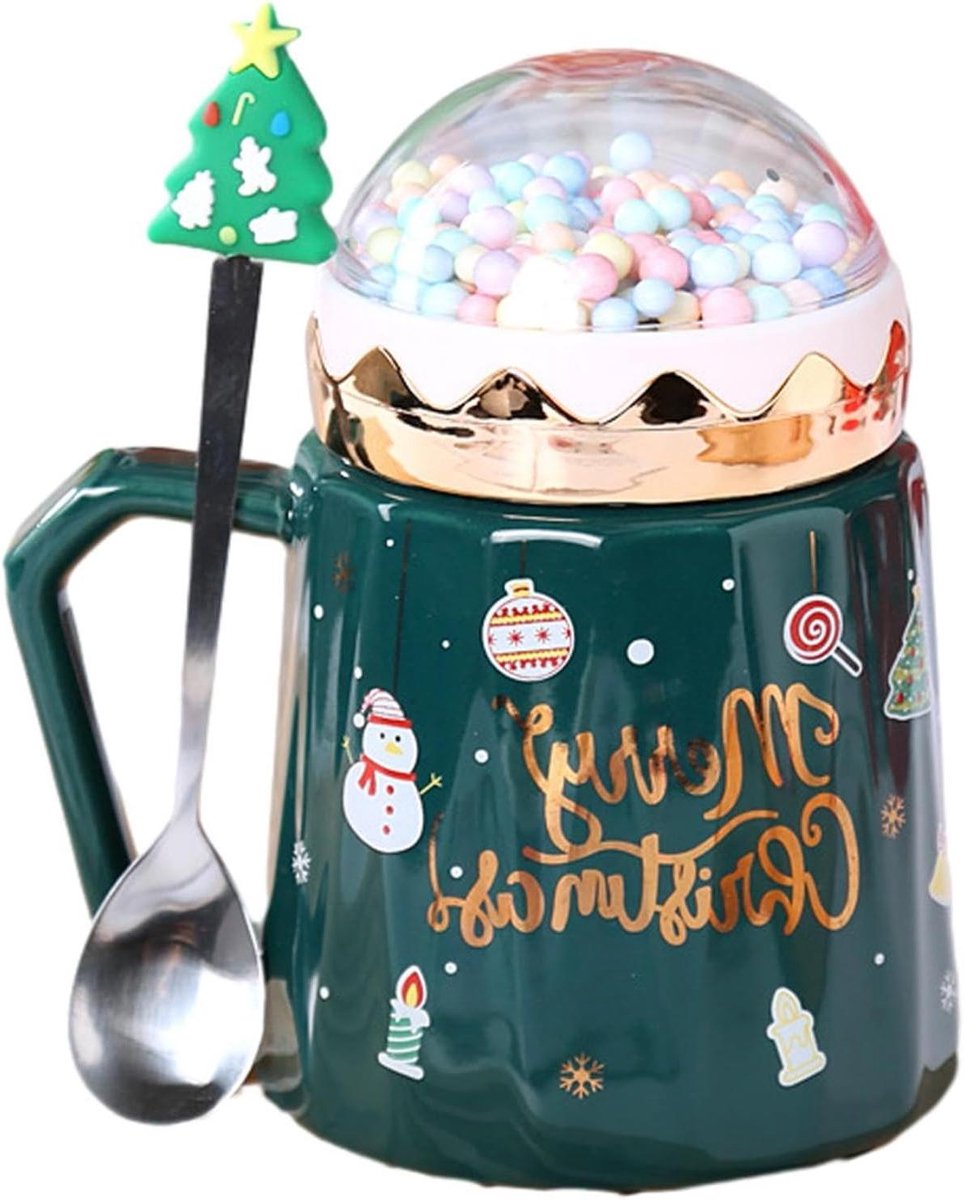 Kerst Mok Set - Thee Mokken - Feestelijke Drankjes - Met Lepel en Deksel - 475ml - Groen