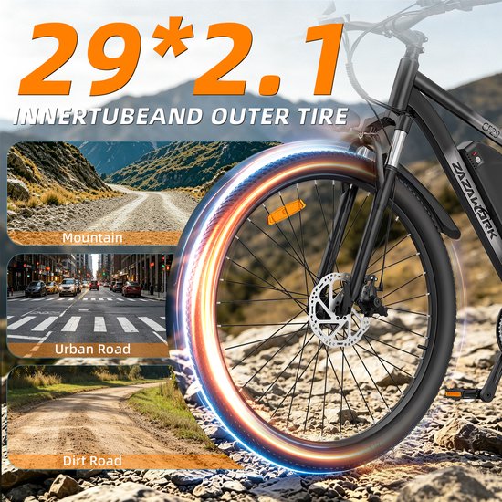 ZAZAWORK CF29 29" Elektrische Fiets 250W 48V 15Ah - 21 Versnellingen - 80-100 km Actieradius - Shimano - LED Display - Stads- & Mountainbike -Zwart-Grijs — afbeelding 5